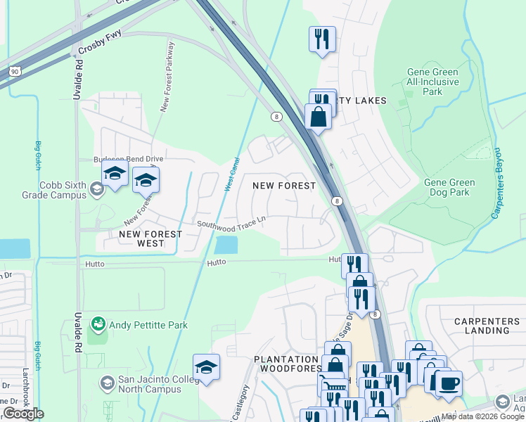 map of restaurants, bars, coffee shops, grocery stores, and more near 6630 Wiltshire Downs Lane in Houston