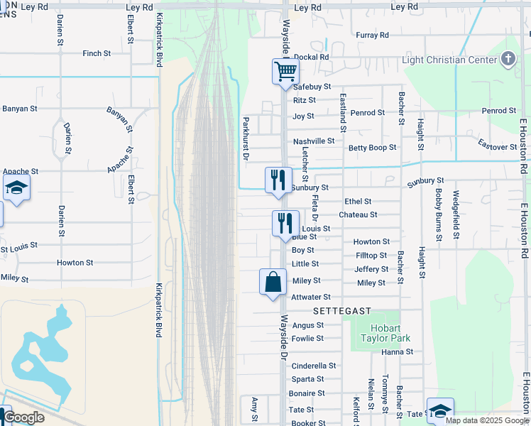 map of restaurants, bars, coffee shops, grocery stores, and more near 7801 Saint Louis Street in Houston