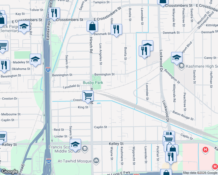 map of restaurants, bars, coffee shops, grocery stores, and more near 6702 Los Angeles Street in Houston