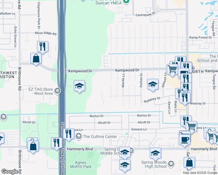 map of restaurants, bars, coffee shops, grocery stores, and more near 2707 Quincannon Lane in Houston