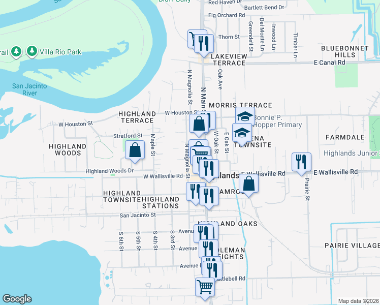 map of restaurants, bars, coffee shops, grocery stores, and more near 324 North Main Street in Highlands