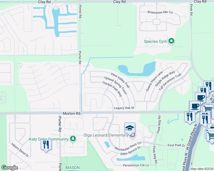 map of restaurants, bars, coffee shops, grocery stores, and more near 3138 Madison Elm Street in Katy