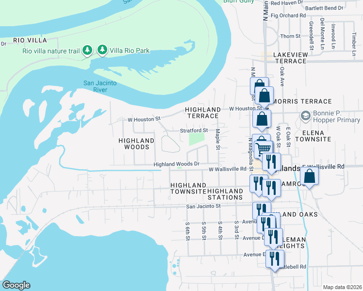 map of restaurants, bars, coffee shops, grocery stores, and more near 604 Highland Woods Drive in Highlands
