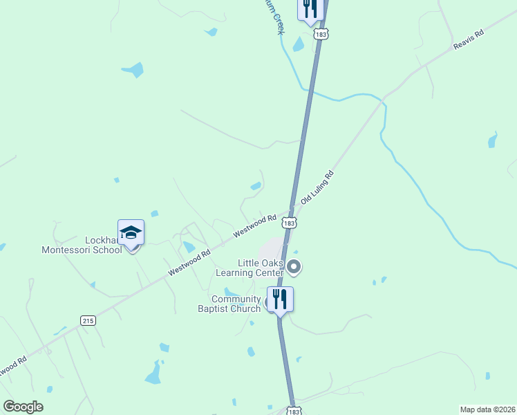 map of restaurants, bars, coffee shops, grocery stores, and more near 108 Westwood Road in Lockhart