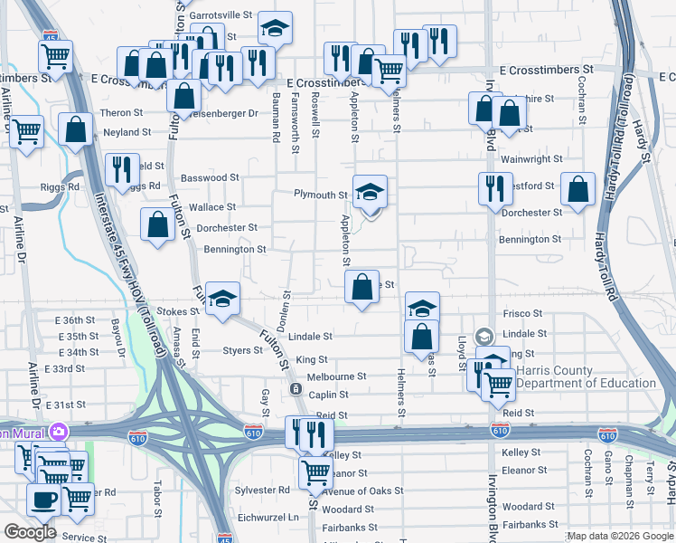 map of restaurants, bars, coffee shops, grocery stores, and more near 6813 Appleton Street in Houston