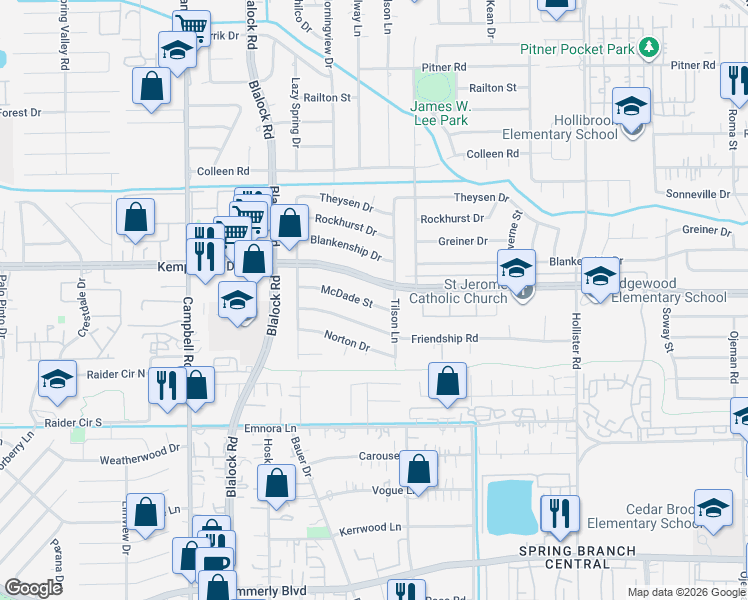map of restaurants, bars, coffee shops, grocery stores, and more near 9222 Friendship Road in Houston
