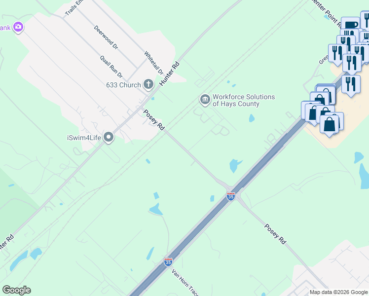 map of restaurants, bars, coffee shops, grocery stores, and more near 104 Posey Road in San Marcos