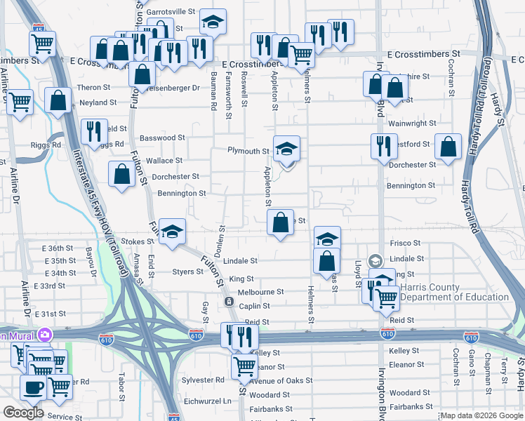 map of restaurants, bars, coffee shops, grocery stores, and more near 6813 Appleton Street in Houston