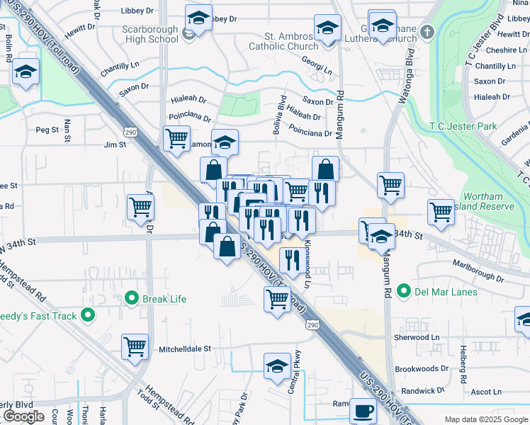 map of restaurants, bars, coffee shops, grocery stores, and more near 5306 W 34th St in Houston