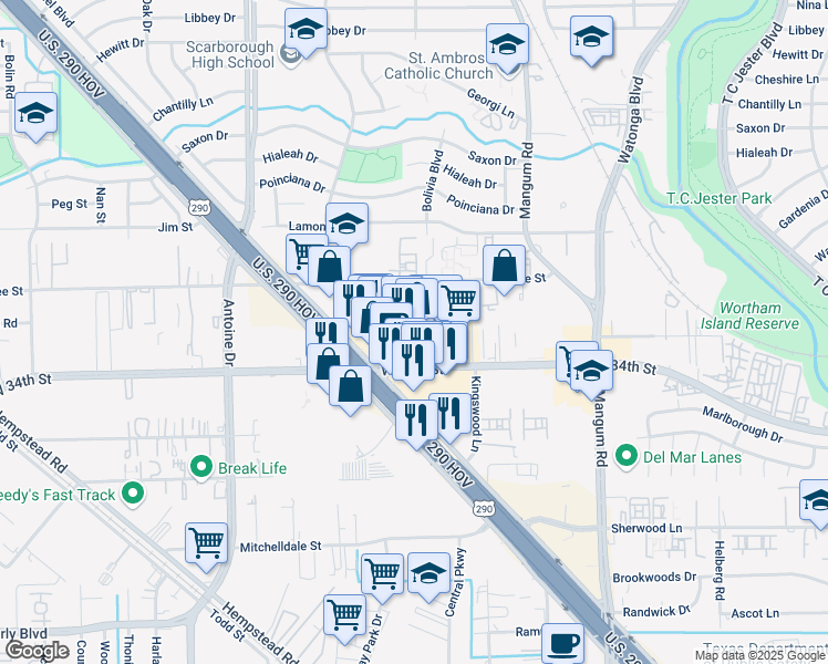 map of restaurants, bars, coffee shops, grocery stores, and more near 5306 West 34th Street in Houston