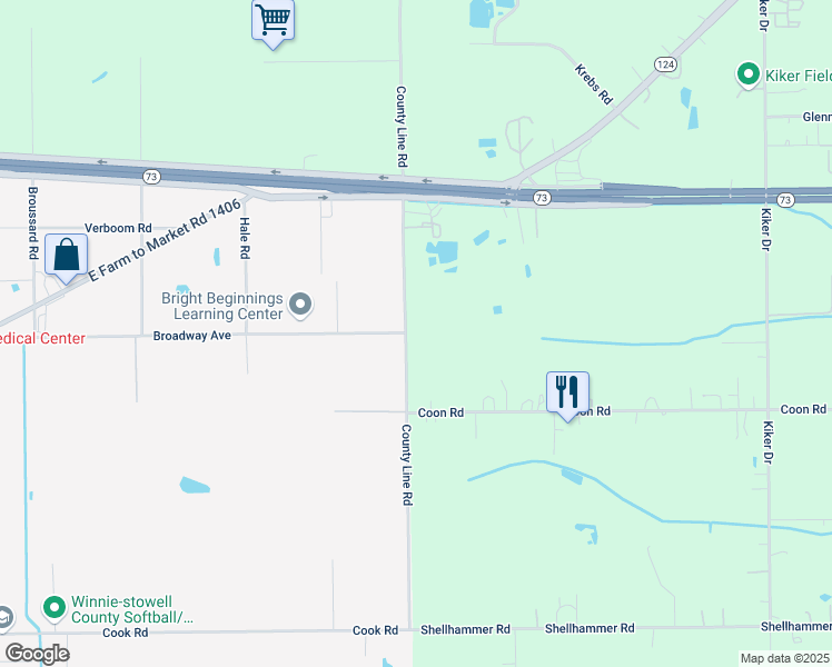 map of restaurants, bars, coffee shops, grocery stores, and more near 18609 County Line Road in Winnie