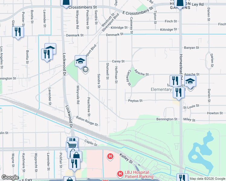 map of restaurants, bars, coffee shops, grocery stores, and more near 6617 Hoffman Street in Houston