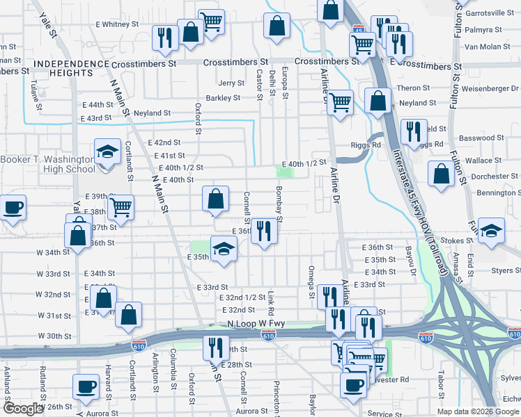 map of restaurants, bars, coffee shops, grocery stores, and more near 814 East 37th Street in Houston