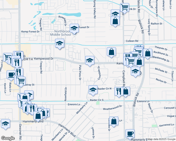 map of restaurants, bars, coffee shops, grocery stores, and more near 9725 Kempwood Drive in Houston