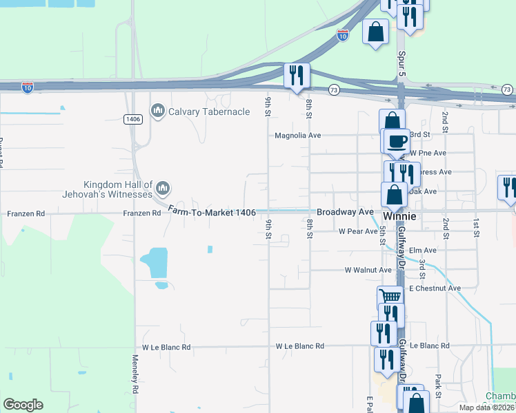 map of restaurants, bars, coffee shops, grocery stores, and more near 624 9th Street in Winnie