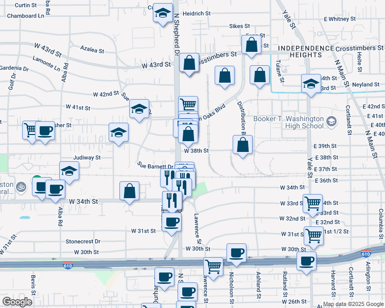 map of restaurants, bars, coffee shops, grocery stores, and more near 601 West 38th Street in Houston