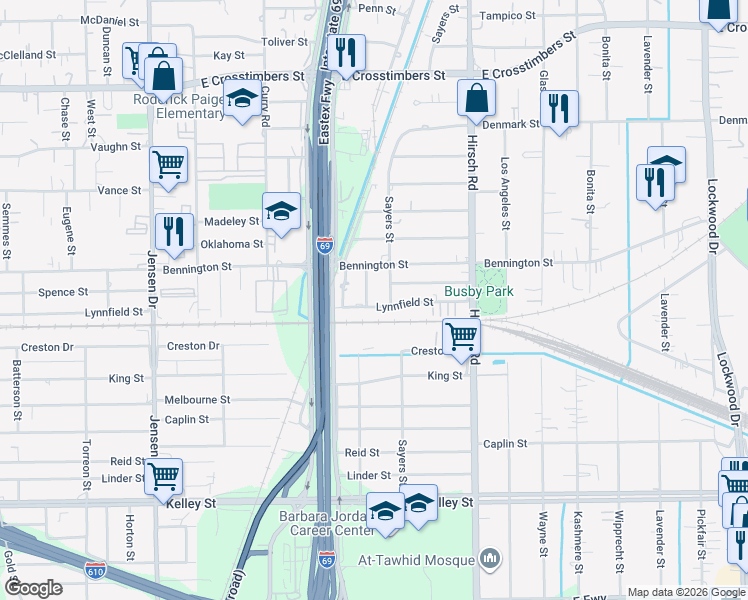 map of restaurants, bars, coffee shops, grocery stores, and more near 6801 Sayers Street in Houston