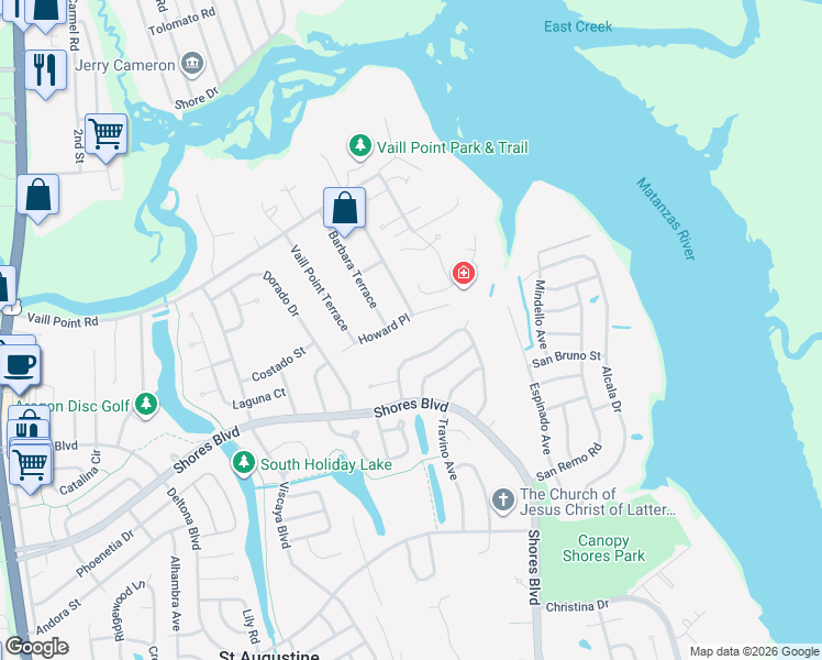 map of restaurants, bars, coffee shops, grocery stores, and more near 620 Howard Place in St. Augustine