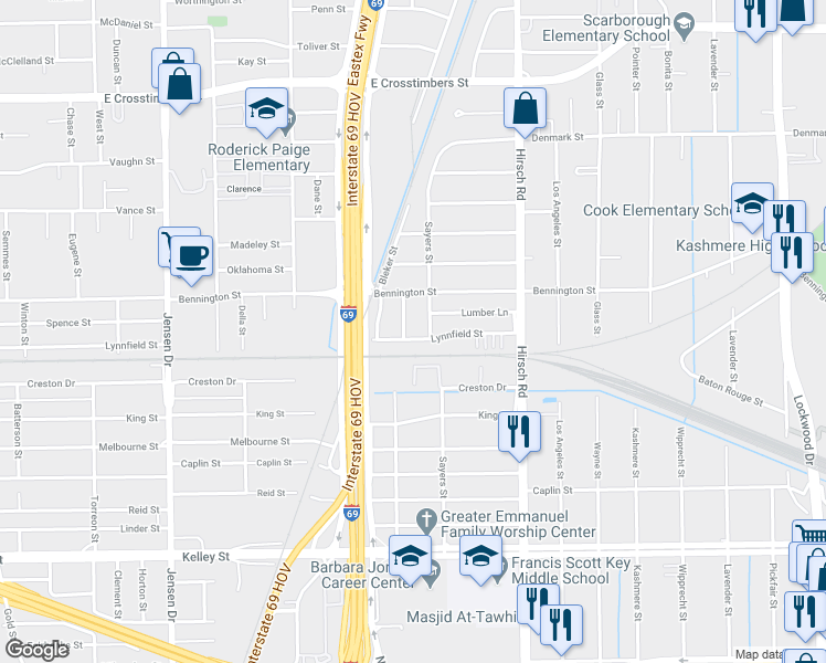 map of restaurants, bars, coffee shops, grocery stores, and more near 6801 Sayers Street in Houston