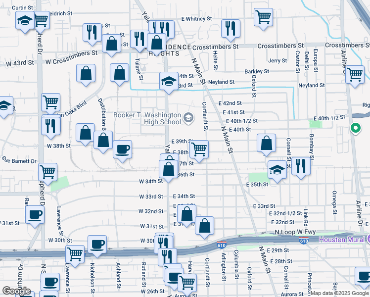 map of restaurants, bars, coffee shops, grocery stores, and more near 41 East 39th Street in Houston