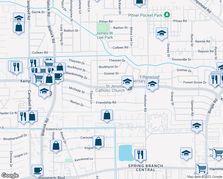 map of restaurants, bars, coffee shops, grocery stores, and more near 8946 Kempwood Drive in Houston