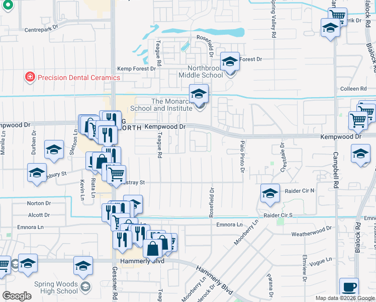 map of restaurants, bars, coffee shops, grocery stores, and more near 10004 Spring Shadows Park Circle in Houston