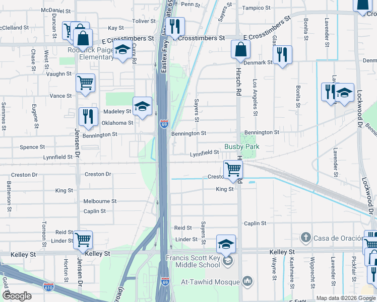 map of restaurants, bars, coffee shops, grocery stores, and more near 6706 Ralston Street in Houston