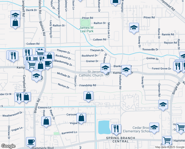 map of restaurants, bars, coffee shops, grocery stores, and more near 9001 Kempwood Drive in Houston