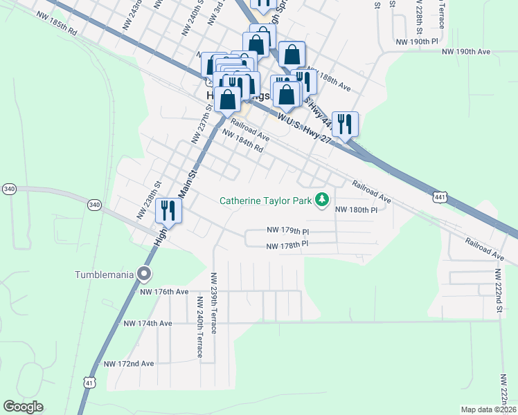 map of restaurants, bars, coffee shops, grocery stores, and more near 23194 Northwest 183rd Lane in High Springs