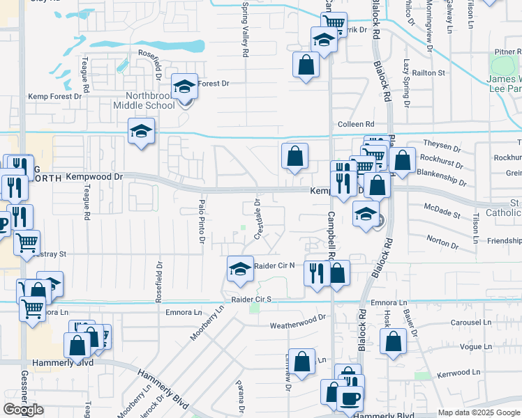 map of restaurants, bars, coffee shops, grocery stores, and more near 3130 Crestdale Drive in Houston