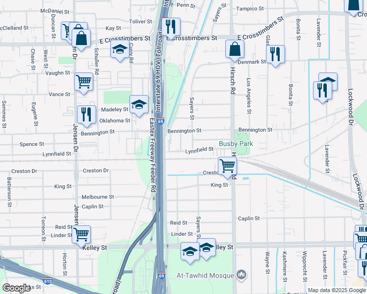map of restaurants, bars, coffee shops, grocery stores, and more near 6706 Ralston Street in Houston