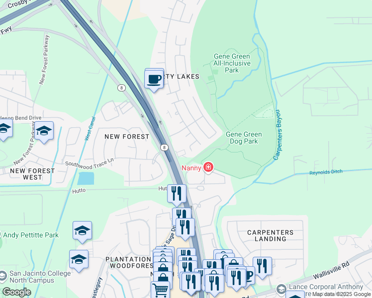 map of restaurants, bars, coffee shops, grocery stores, and more near 15547 Liberty Cypress Court in Houston