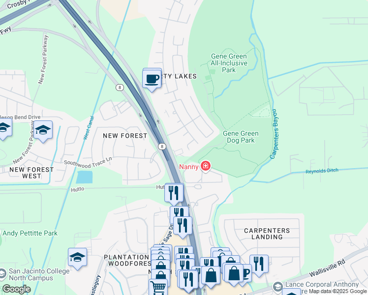 map of restaurants, bars, coffee shops, grocery stores, and more near 15547 Liberty Cypress Court in Houston