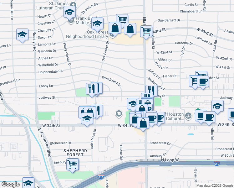 map of restaurants, bars, coffee shops, grocery stores, and more near 1308 Du Barry Lane in Houston
