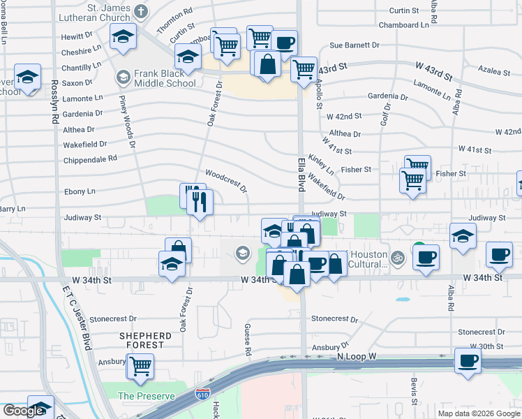 map of restaurants, bars, coffee shops, grocery stores, and more near 1242 Du Barry Lane in Houston