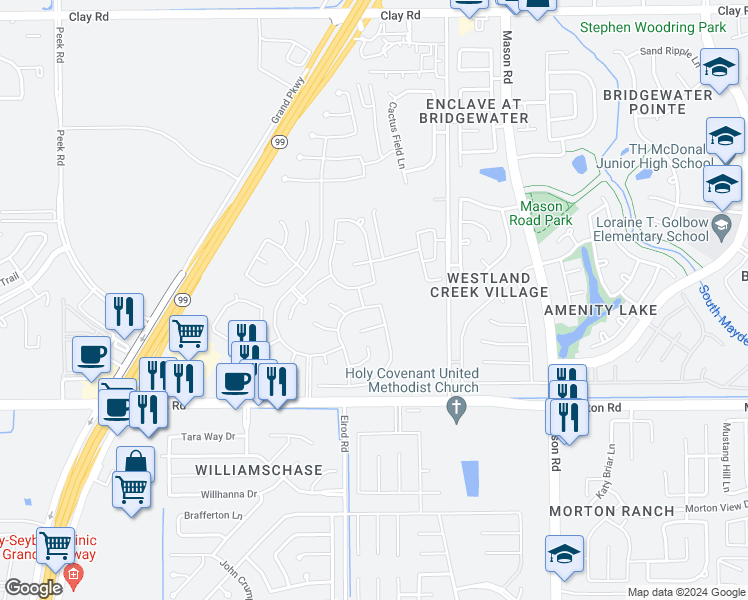 map of restaurants, bars, coffee shops, grocery stores, and more near 3311 Sabine Spring Lane in Katy