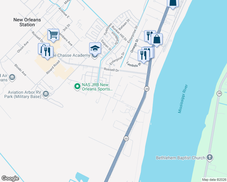 map of restaurants, bars, coffee shops, grocery stores, and more near 111 Gondrella Drive in Belle Chasse