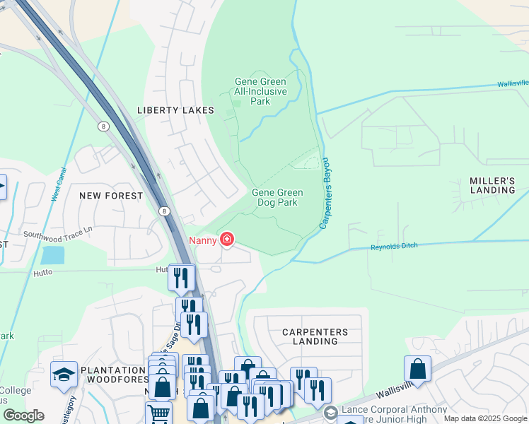 map of restaurants, bars, coffee shops, grocery stores, and more near 6500 East Sam Houston Parkway North in Houston