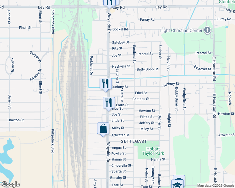 map of restaurants, bars, coffee shops, grocery stores, and more near 7926 Sunbury Street in Houston