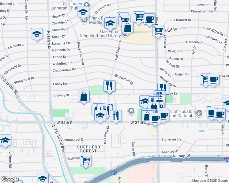 map of restaurants, bars, coffee shops, grocery stores, and more near 1364 Du Barry Lane in Houston