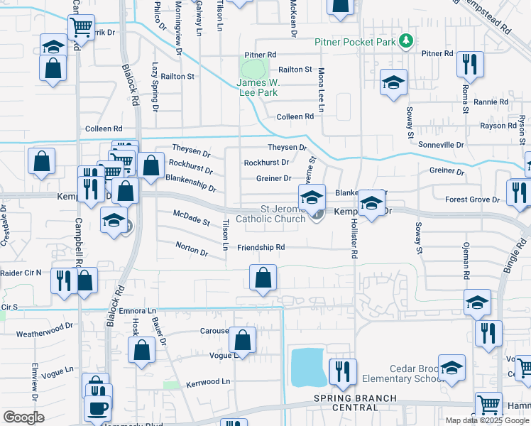 map of restaurants, bars, coffee shops, grocery stores, and more near 9022 Kempwood Drive in Houston