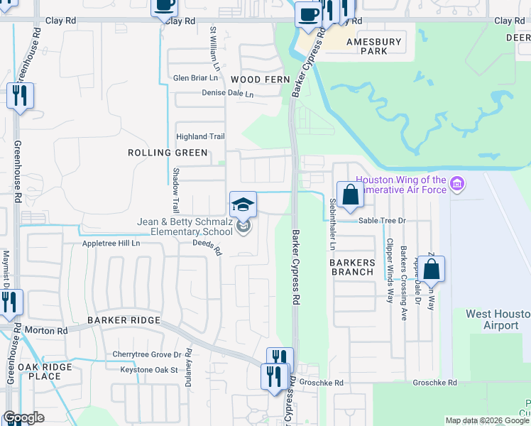 map of restaurants, bars, coffee shops, grocery stores, and more near 18510 Green Land Way in Houston