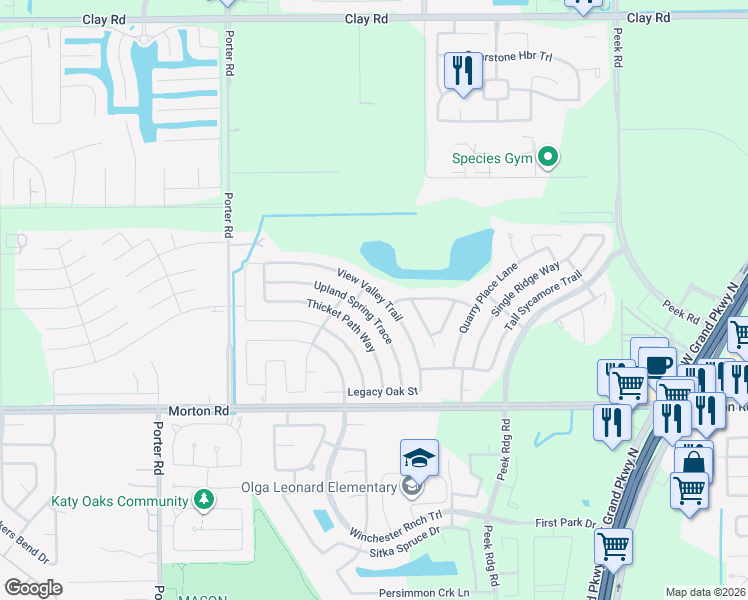 map of restaurants, bars, coffee shops, grocery stores, and more near 3166 View Valley Trail in Katy
