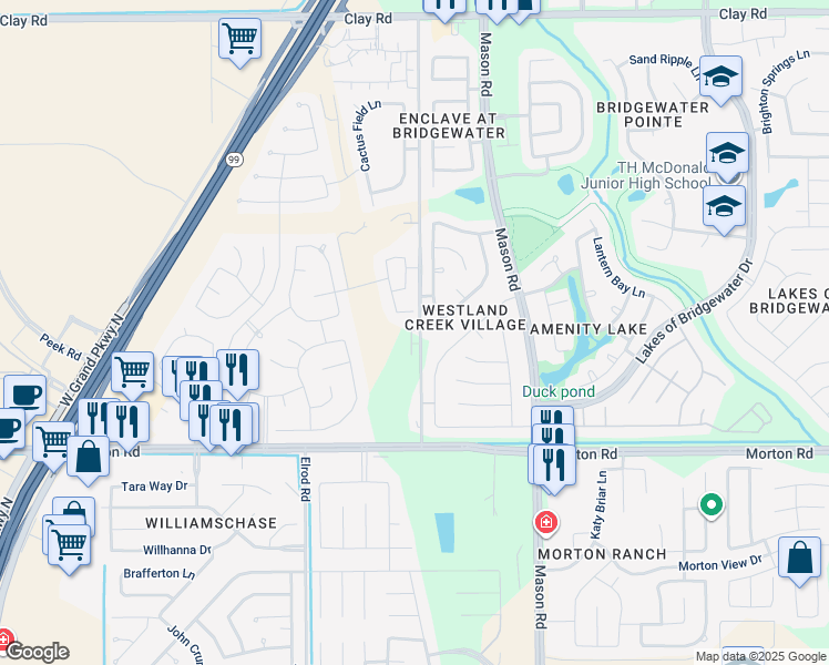 map of restaurants, bars, coffee shops, grocery stores, and more near 22207 Woodseem Court in Katy