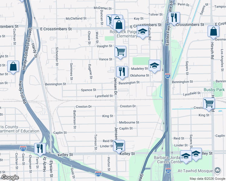 map of restaurants, bars, coffee shops, grocery stores, and more near 6815 Jensen Drive in Houston