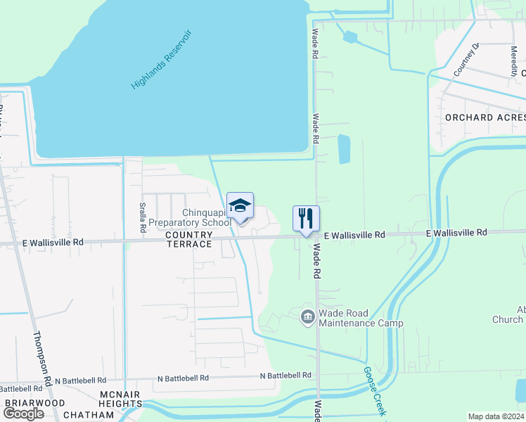 map of restaurants, bars, coffee shops, grocery stores, and more near 2615 East Wallisville Road in Highlands