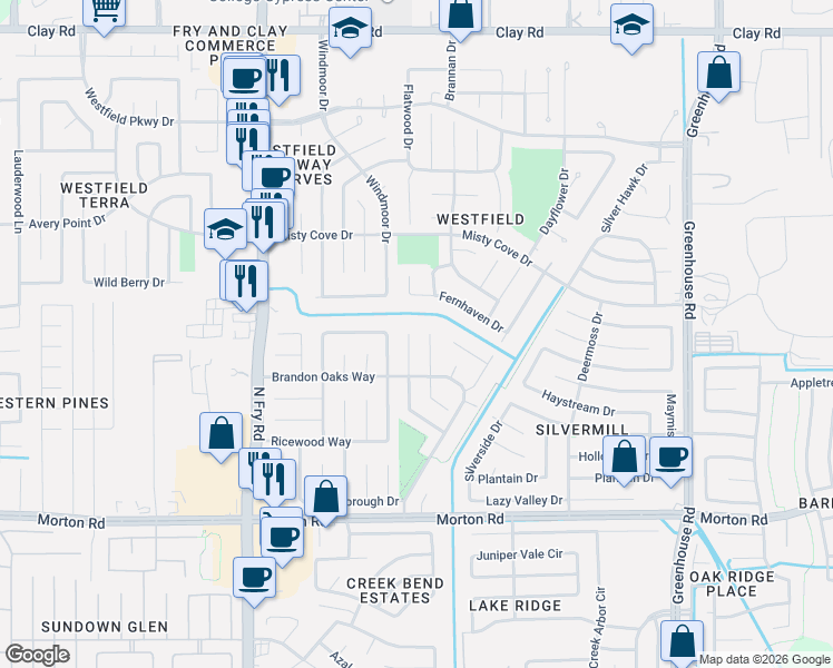 map of restaurants, bars, coffee shops, grocery stores, and more near 3346 Painted Meadow Circle in Katy