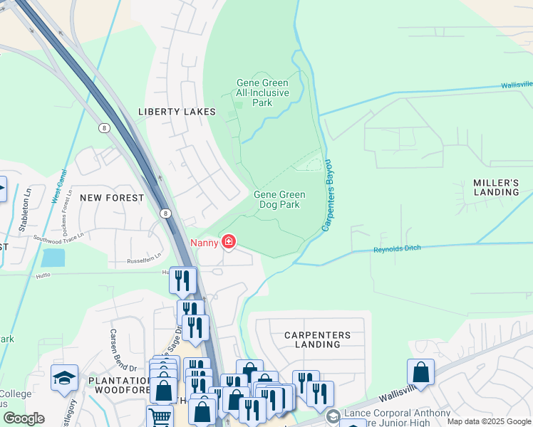 map of restaurants, bars, coffee shops, grocery stores, and more near 6500 East Sam Houston Parkway North in Houston