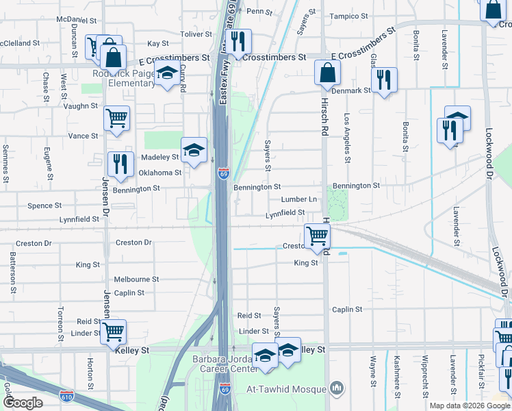 map of restaurants, bars, coffee shops, grocery stores, and more near 6710 Ralston Street in Houston