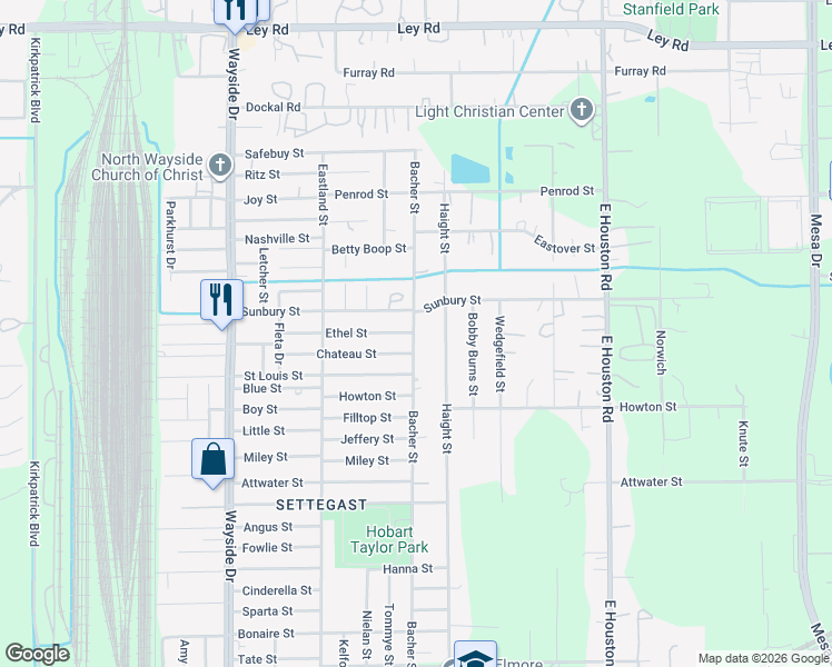 map of restaurants, bars, coffee shops, grocery stores, and more near 6409 Haight Street in Houston
